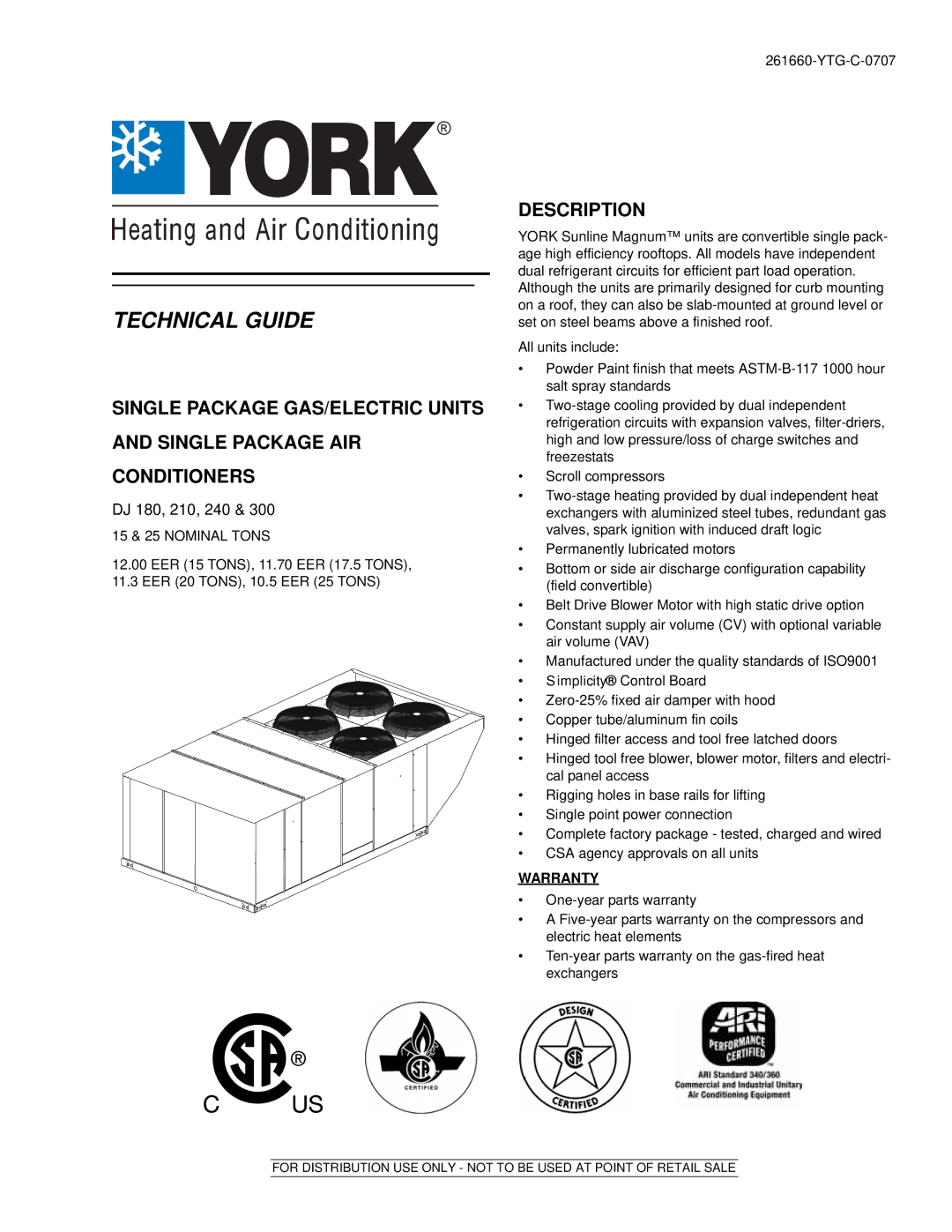 York DJ 180 warranty Technical Guide, Description 