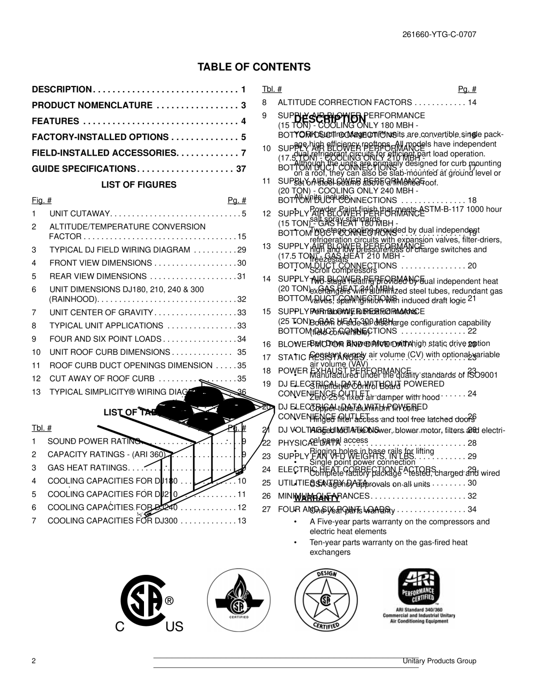 York DJ 180 warranty Table of Contents 