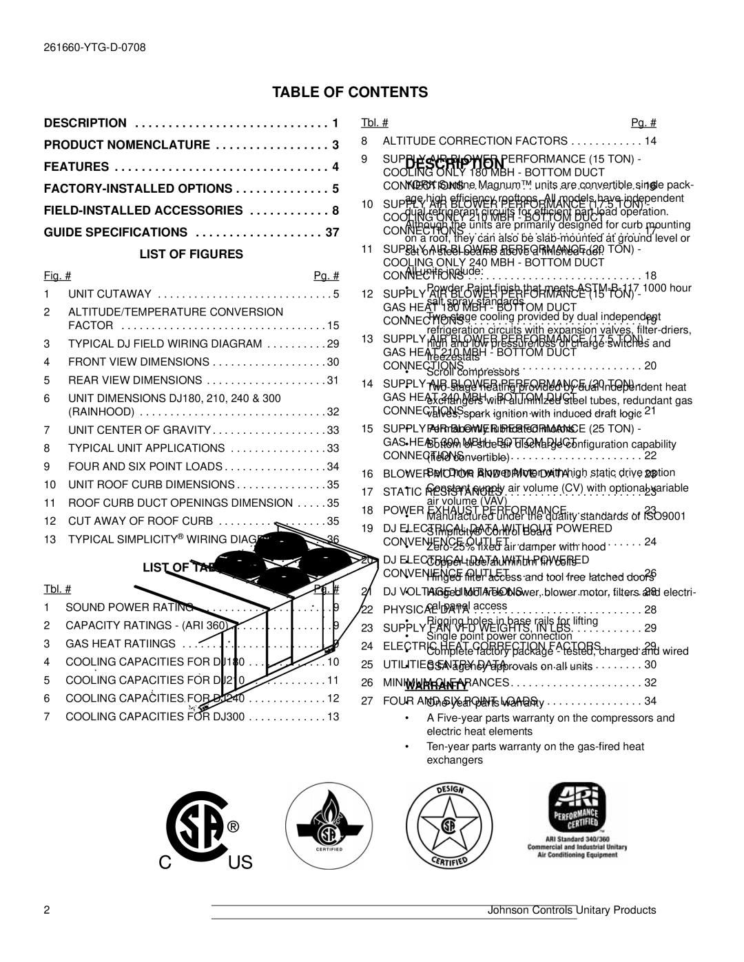 York DJ 300, DJ 210, DJ 240 warranty Table of Contents 