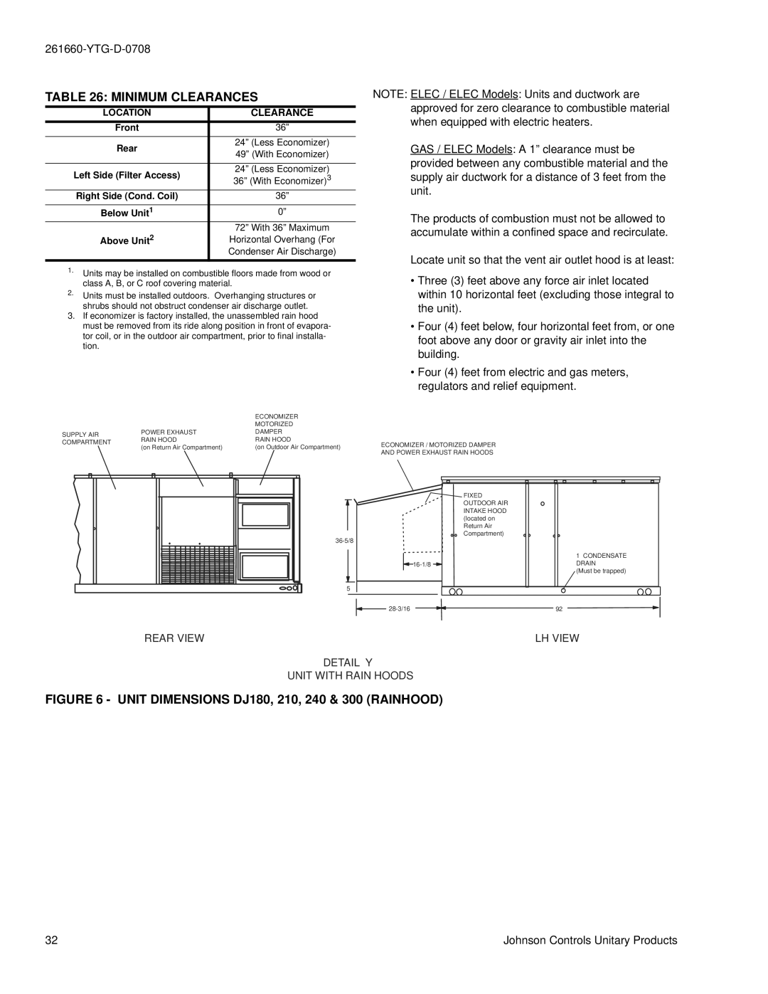 York DJ 300, DJ 210, DJ 240 warranty Minimum Clearances, Unit Dimensions DJ180, 210, 240 & 300 Rainhood 