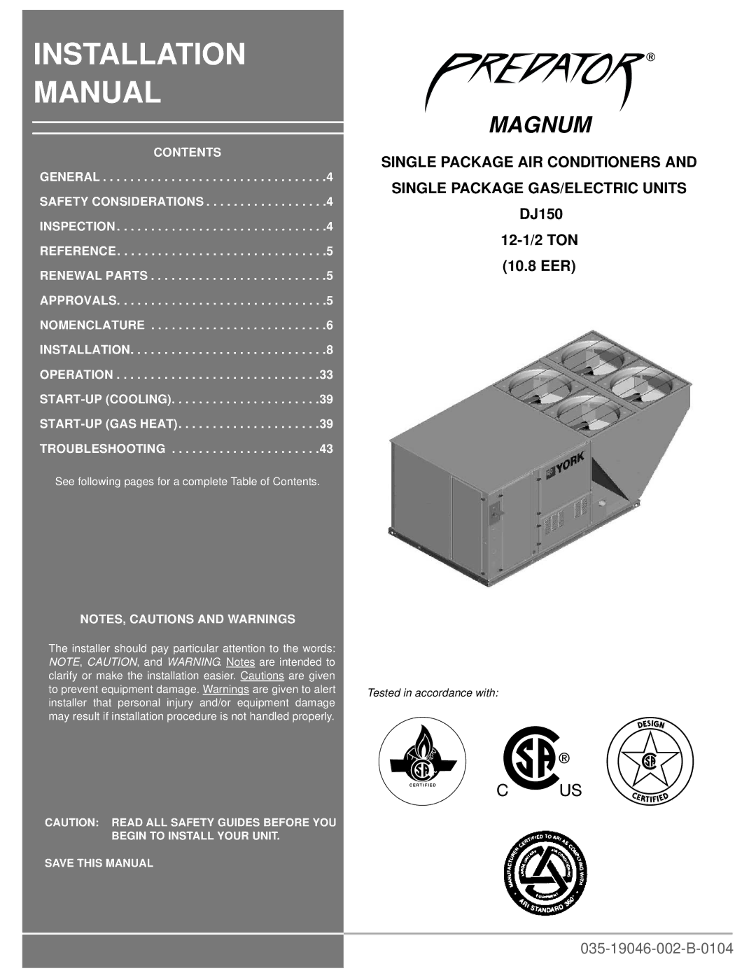 York DJ150 installation manual Installation Manual 