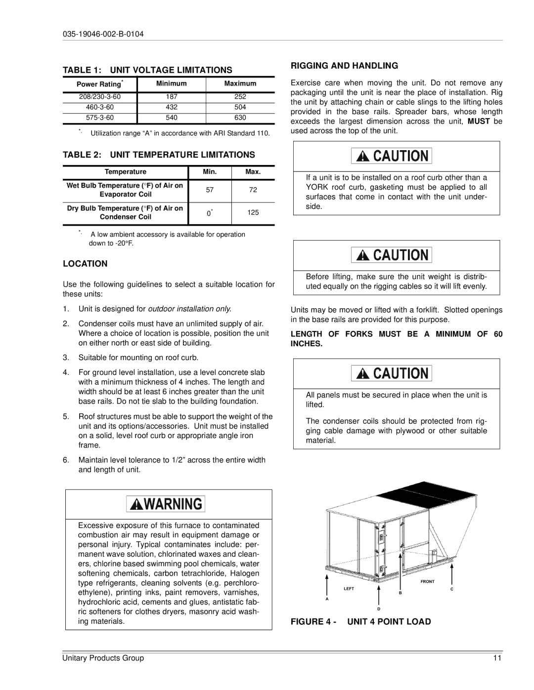 York DJ150 installation manual Unit Voltage Limitations, Rigging and Handling, Unit Temperature Limitations, Location 