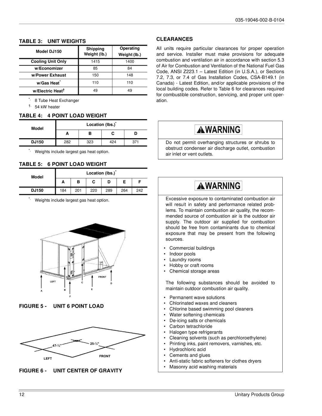 York DJ150 installation manual Unit Weights, Point Load Weight, Clearances 