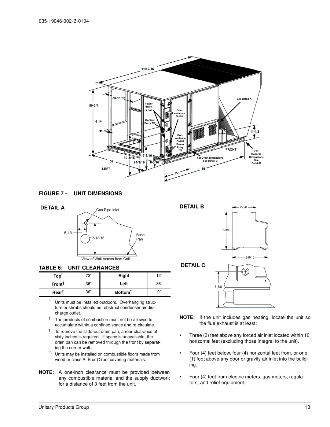 York DJ150 installation manual Unit Dimensions, Detail C 