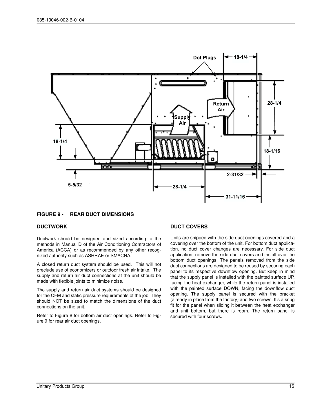 York DJ150 installation manual Rear Duct Dimensions Ductwork, Duct Covers 