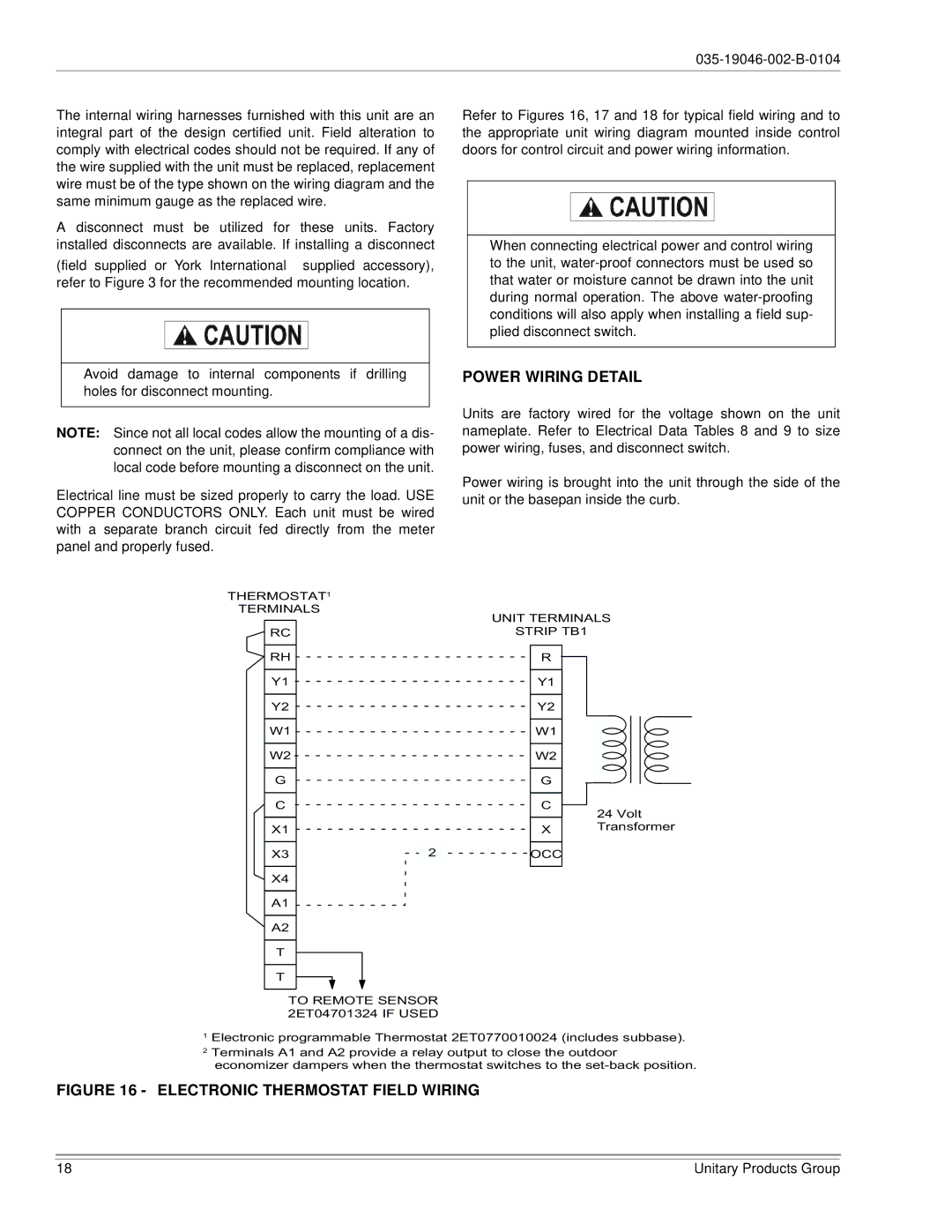 York DJ150 installation manual Power Wiring Detail, Electronic Thermostat Field Wiring 