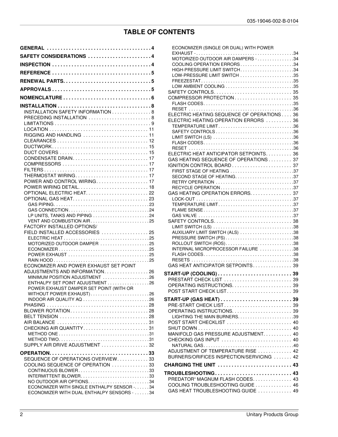 York DJ150 installation manual Table of Contents 