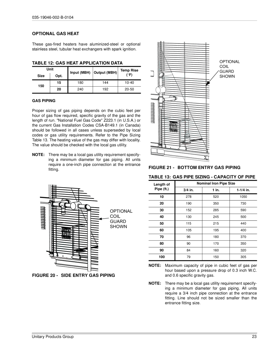 York DJ150 installation manual Optional GAS Heat, GAS Heat Application Data, GAS Piping 