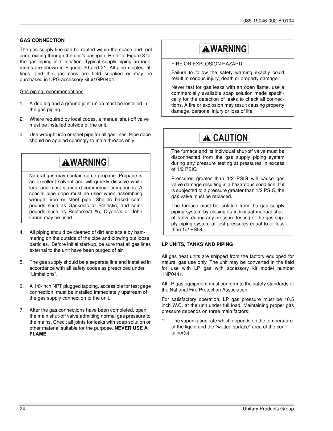 York DJ150 installation manual GAS Connection, LP UNITS, Tanks and Piping 