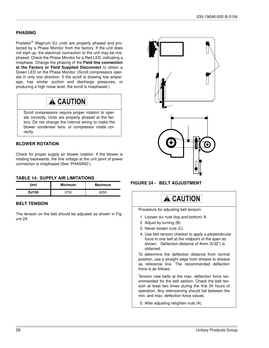 York DJ150 installation manual Phasing, Blower Rotation, Supply AIR Limitations, Belt Tension 