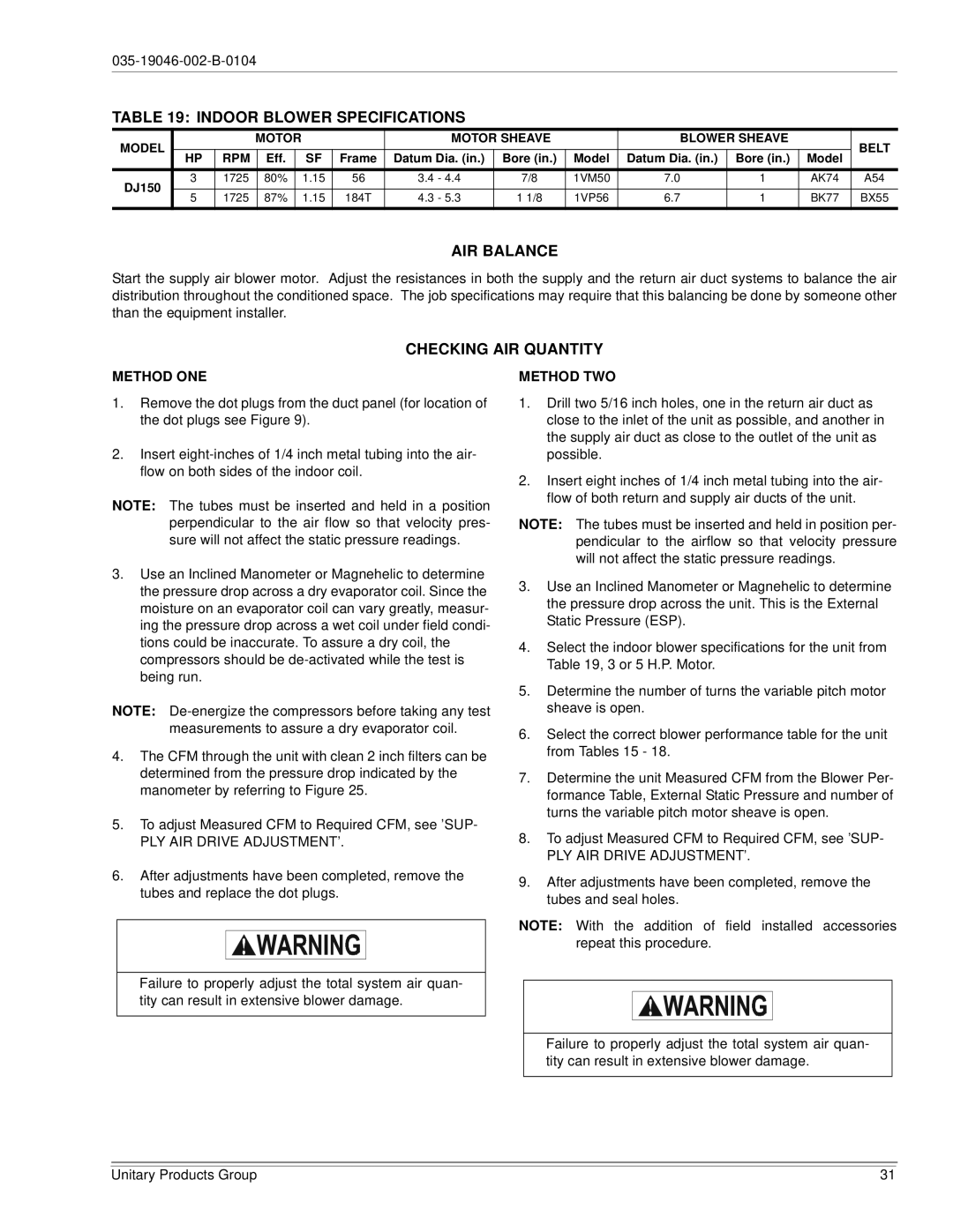 York DJ150 installation manual Indoor Blower Specifications, AIR Balance, Checking AIR Quantity, Method ONE, Method TWO 