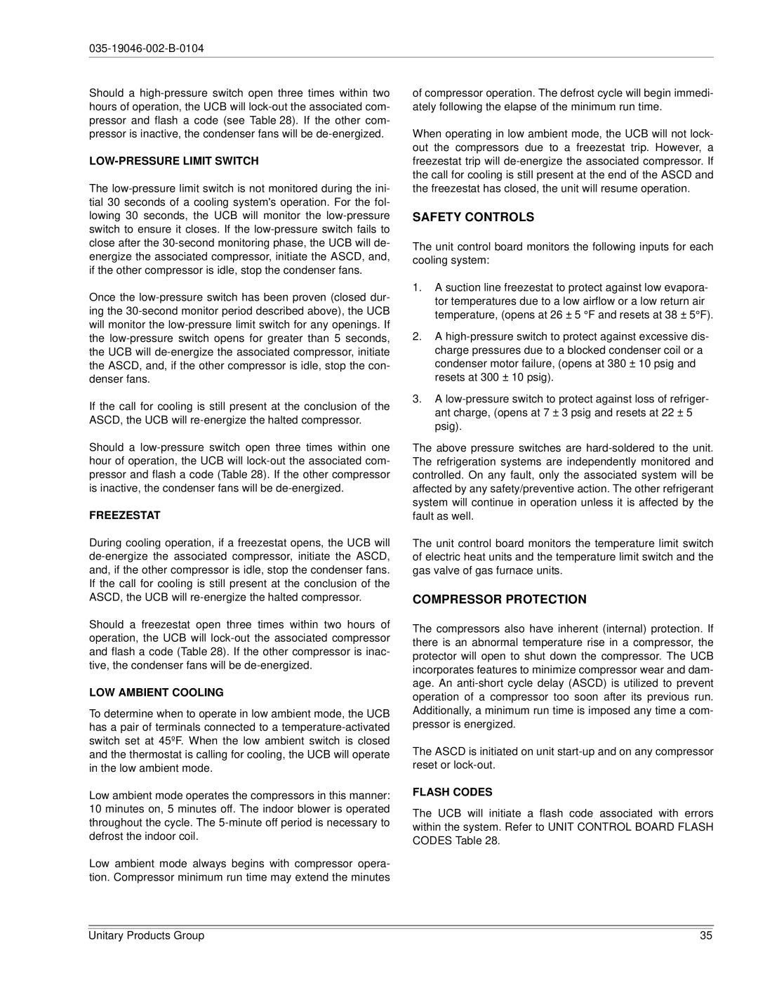 York DJ150 installation manual Safety Controls, Compressor Protection 