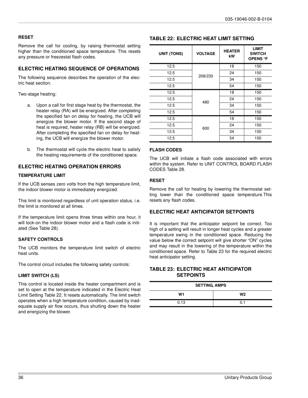 York DJ150 Electric Heating Sequence of Operations, Electric Heating Operation Errors, Electric Heat Limit Setting 