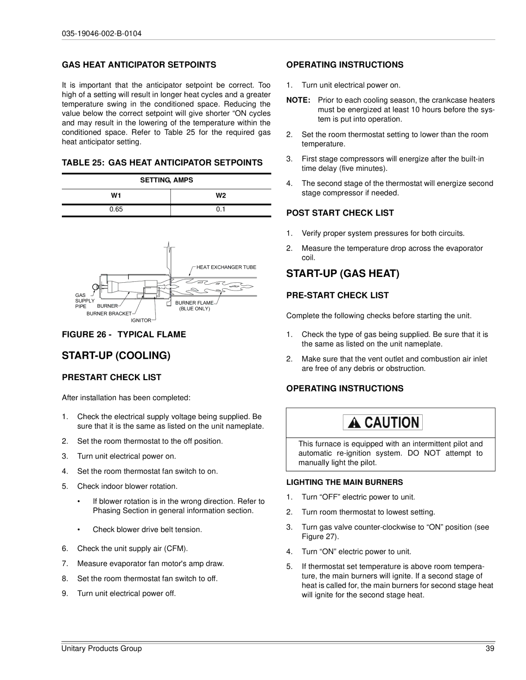 York DJ150 installation manual START-UP Cooling, START-UP GAS Heat 