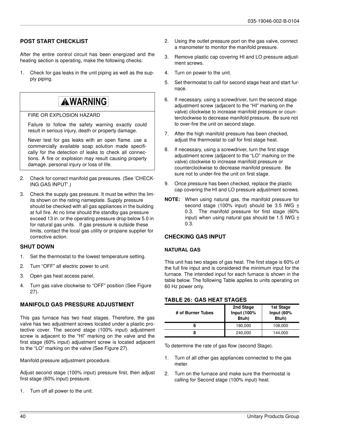 York DJ150 Post Start Checklist, Shut Down, Manifold GAS Pressure Adjustment, Checking GAS Input, GAS Heat Stages 