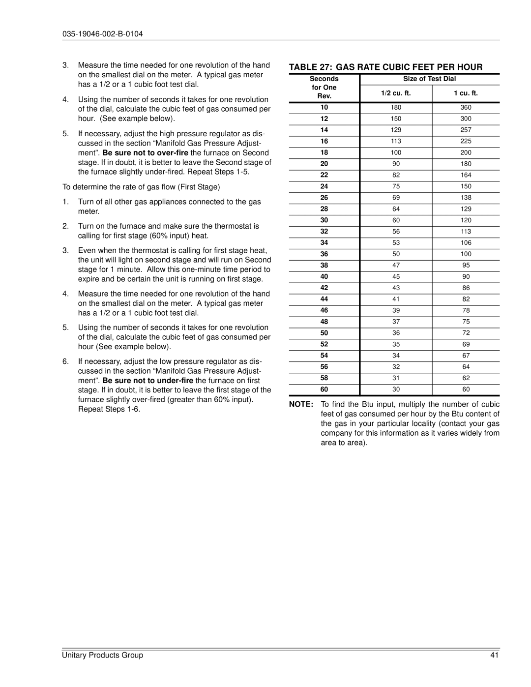 York DJ150 installation manual GAS Rate Cubic Feet PER Hour 