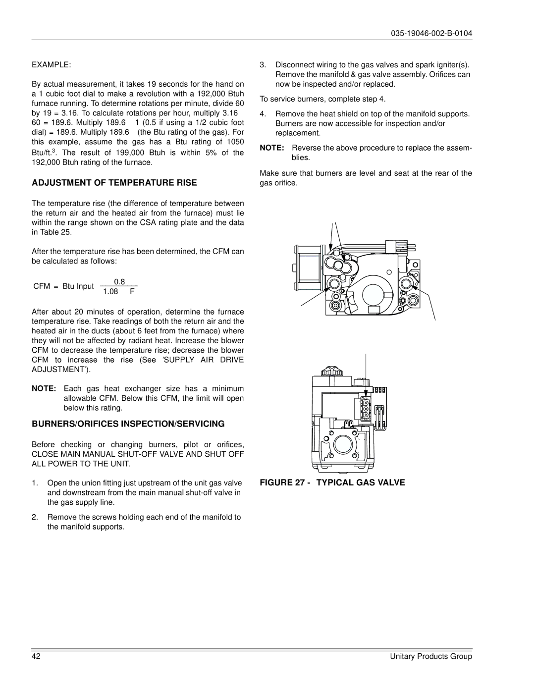 York DJ150 installation manual Adjustment of Temperature Rise, Burners/Orifices Inspection/Servicing 