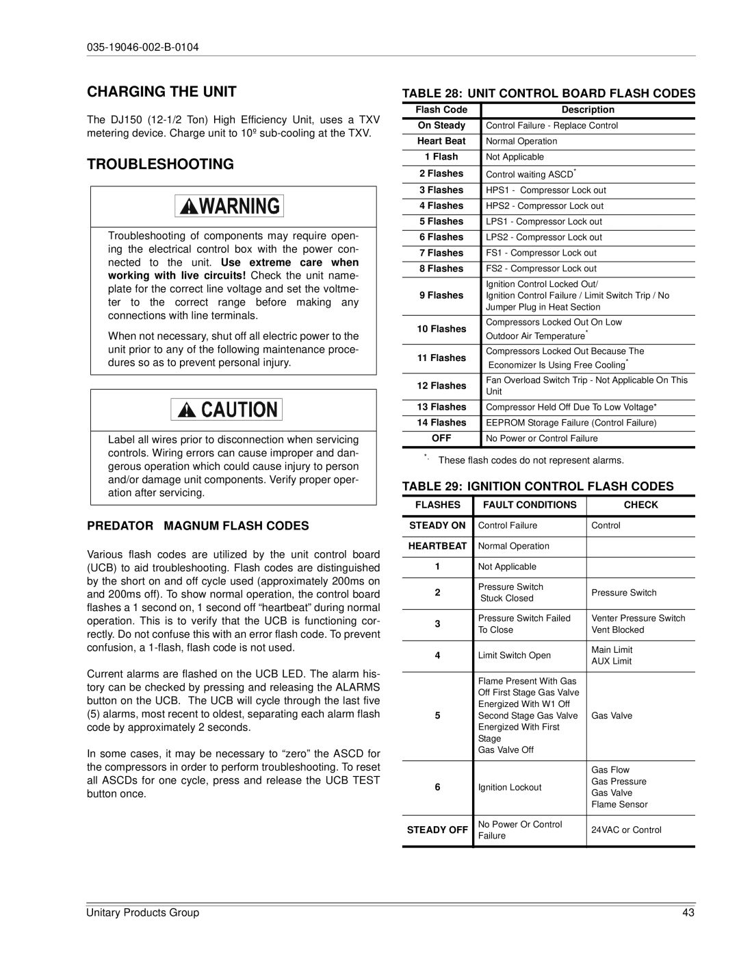 York DJ150 Charging the Unit, Troubleshooting, PREDATOR Magnum Flash Codes, Unit Control Board Flash Codes 