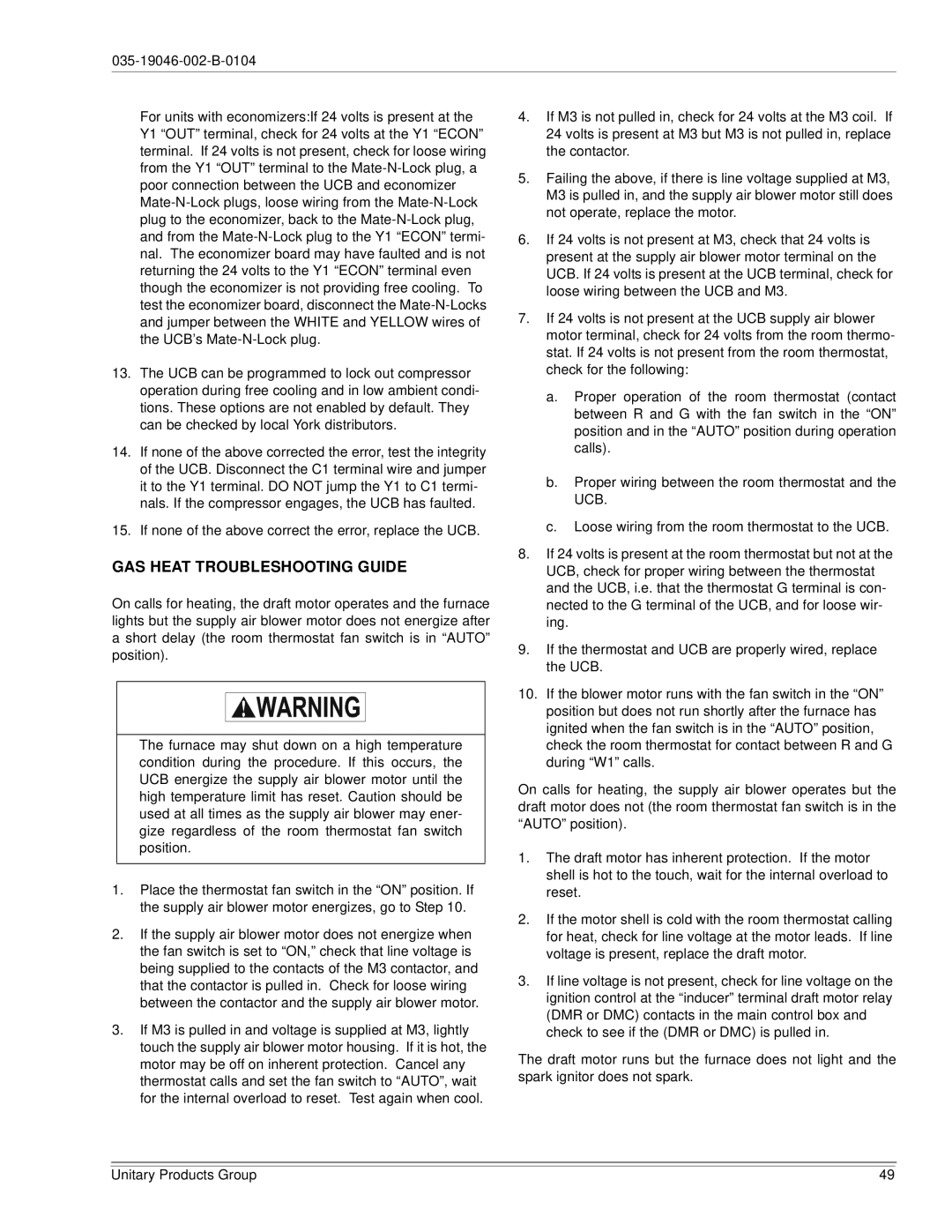 York DJ150 installation manual GAS Heat Troubleshooting Guide 