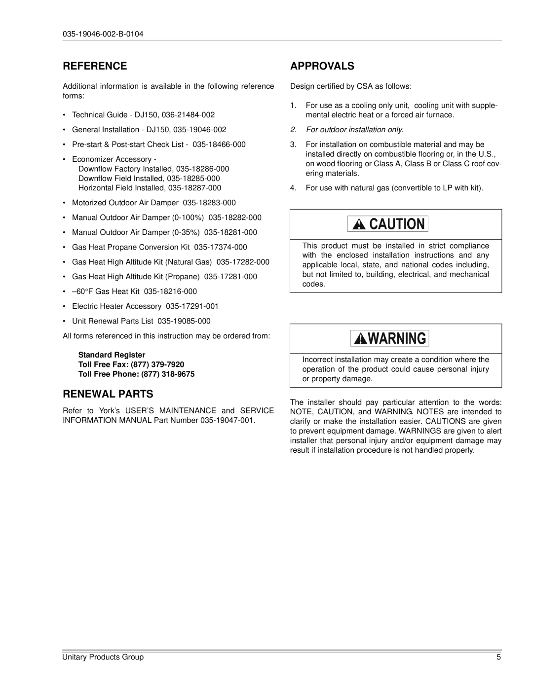 York DJ150 installation manual Reference, Approvals, Renewal Parts 