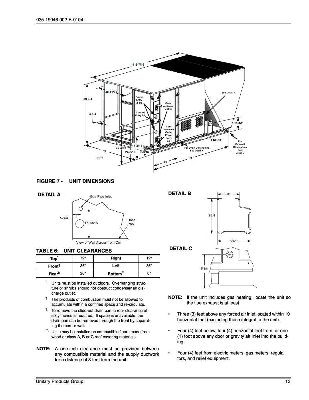 York DJ150 installation manual Unit Dimensions, Detail C, Detail A, Unit Clearances, Detail B 
