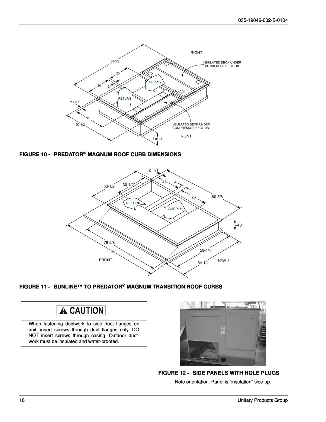 York DJ150 installation manual Predator Magnum Roof Curb Dimensions, Side Panels With Hole Plugs 