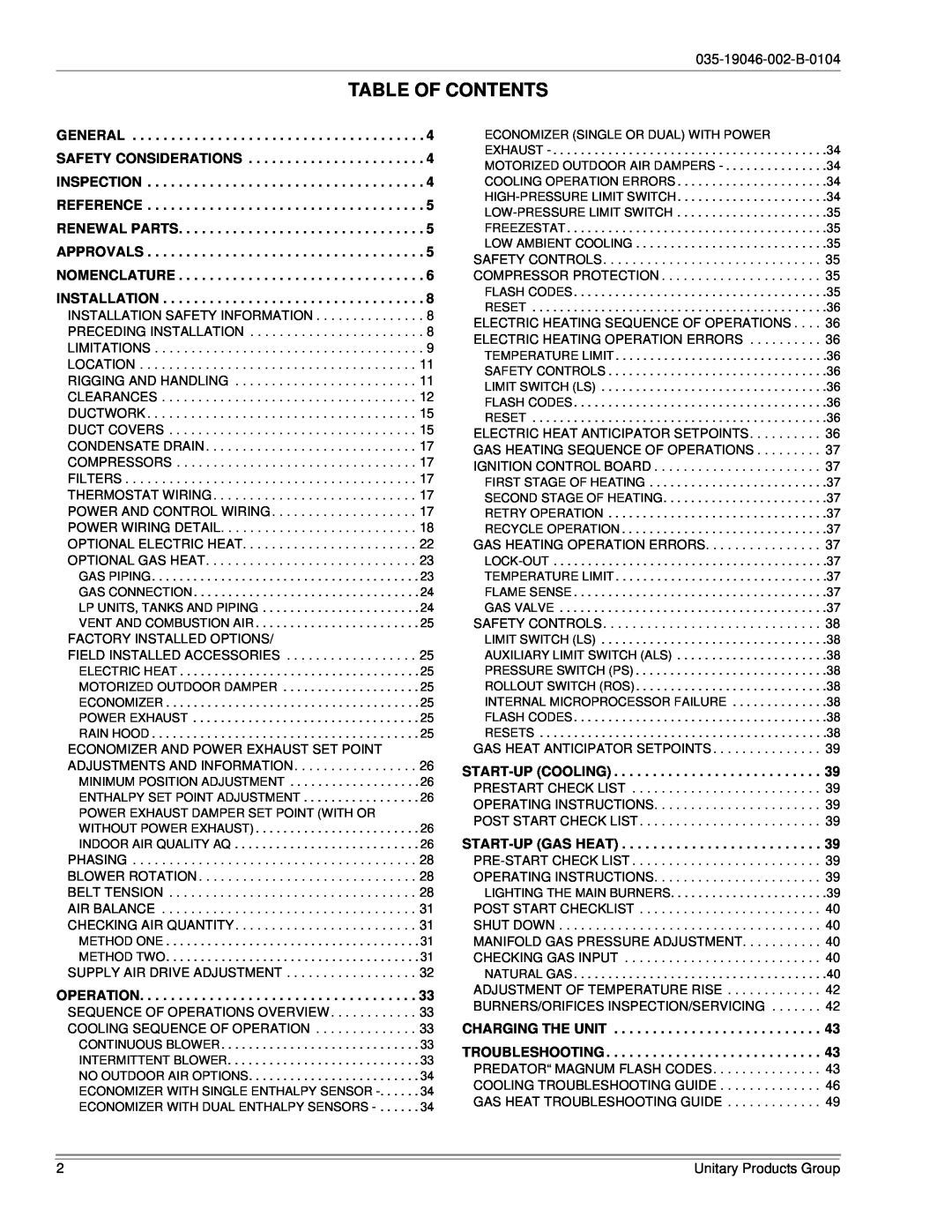 York DJ150 installation manual Table Of Contents, 035-19046-002-B-0104 