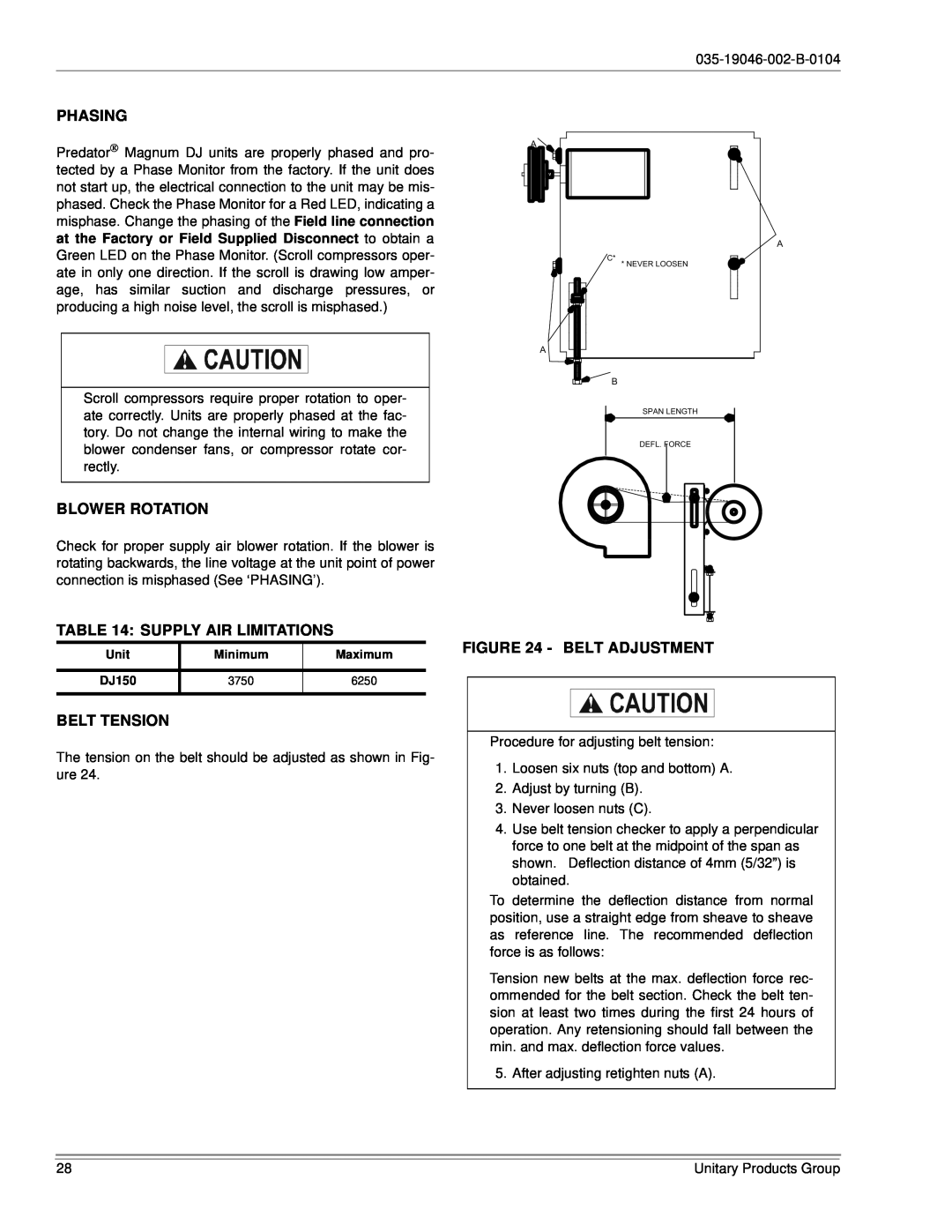 York DJ150 installation manual Phasing, Blower Rotation, Supply Air Limitations, Belt Tension, Belt Adjustment 