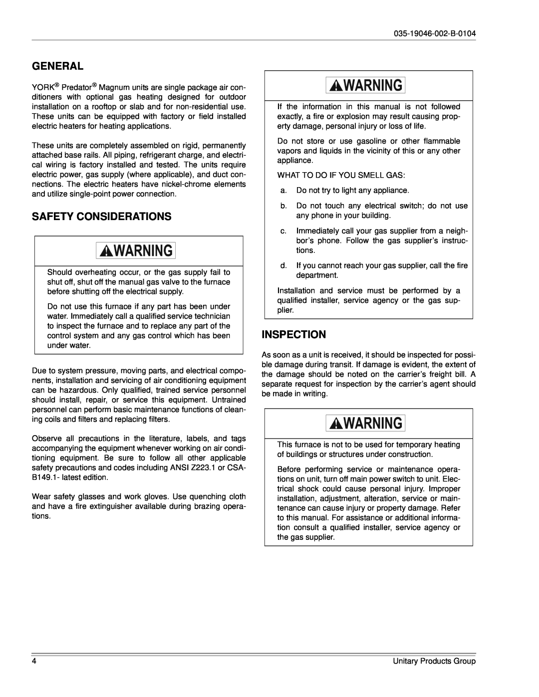 York DJ150 installation manual General, Safety Considerations, Inspection 