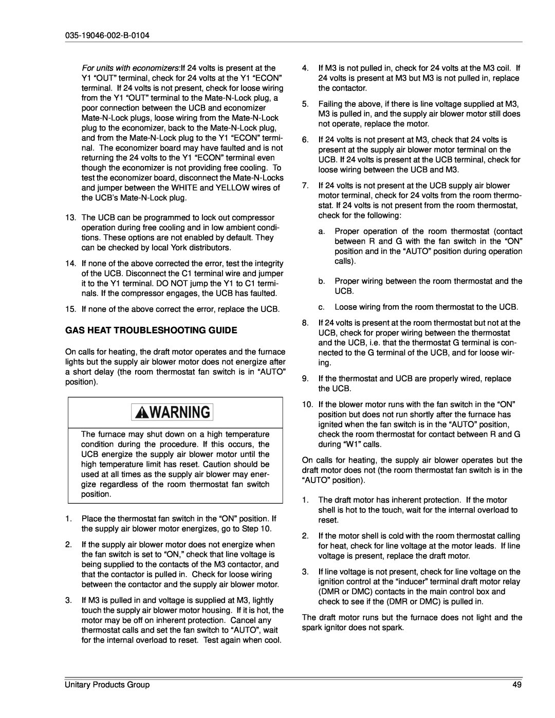 York DJ150 installation manual Gas Heat Troubleshooting Guide 