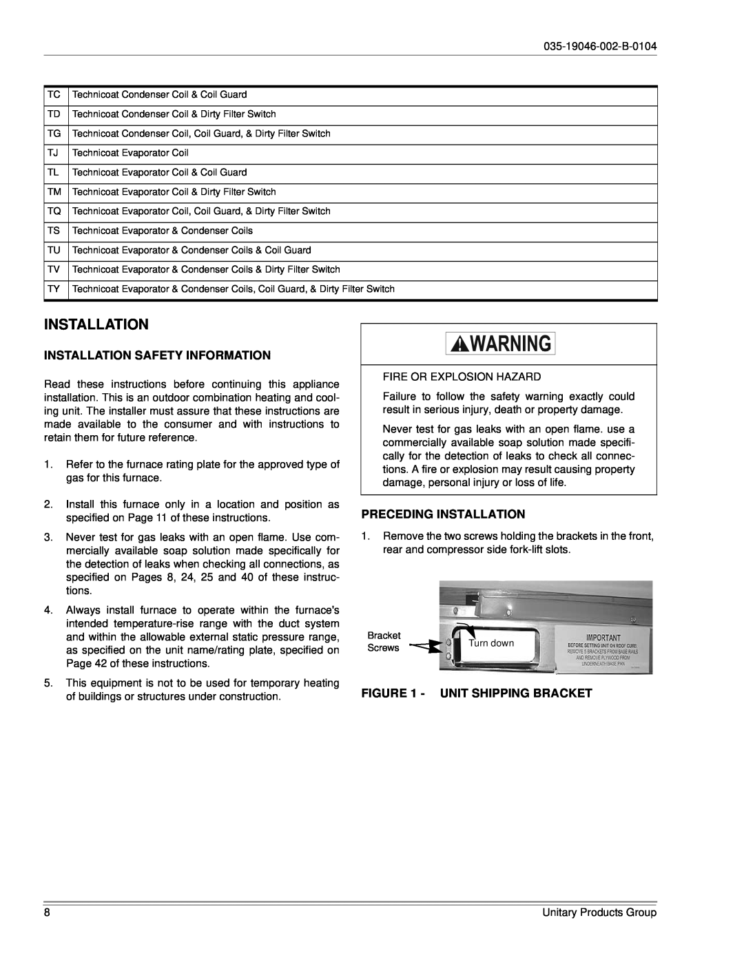 York DJ150 installation manual Installation Safety Information, Preceding Installation, Unit Shipping Bracket 