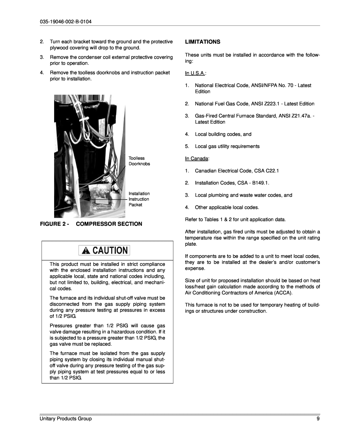 York DJ150 installation manual Compressor Section, Limitations 