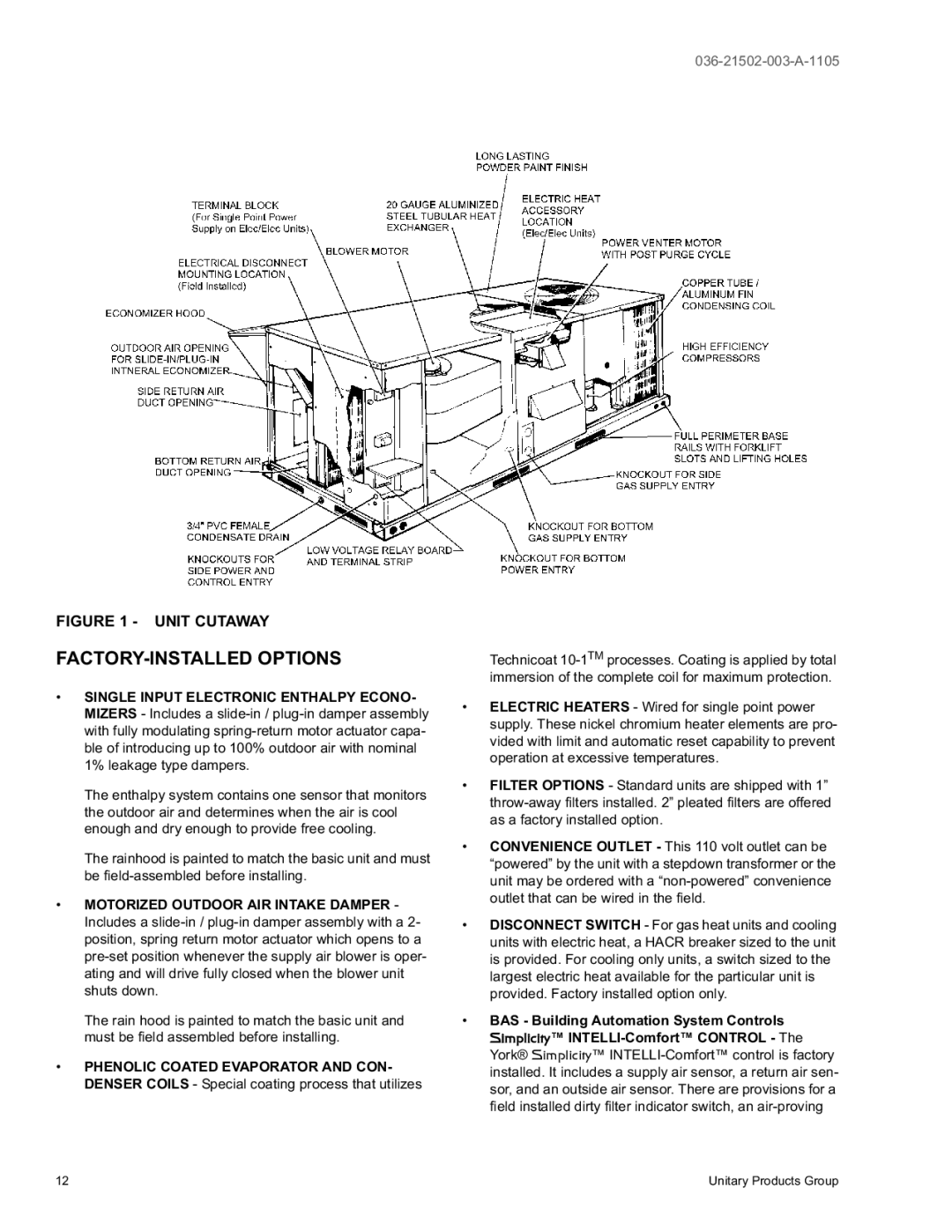 York DM 072 warranty FACTORY-INSTALLED Options, Unit Cutaway 