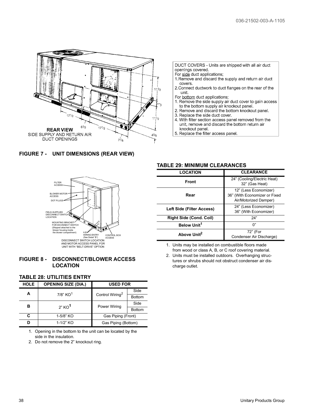 York DM 072 warranty Minimum Clearances, Hole Opening Size DIA Used for, Location Clearance 