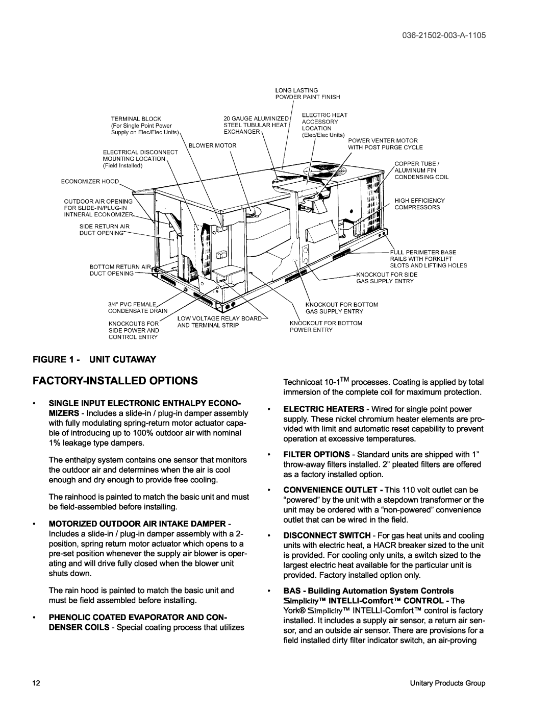 York DM 072 warranty Factory-Installedoptions, Unit Cutaway, 036-21502-003-A-1105 