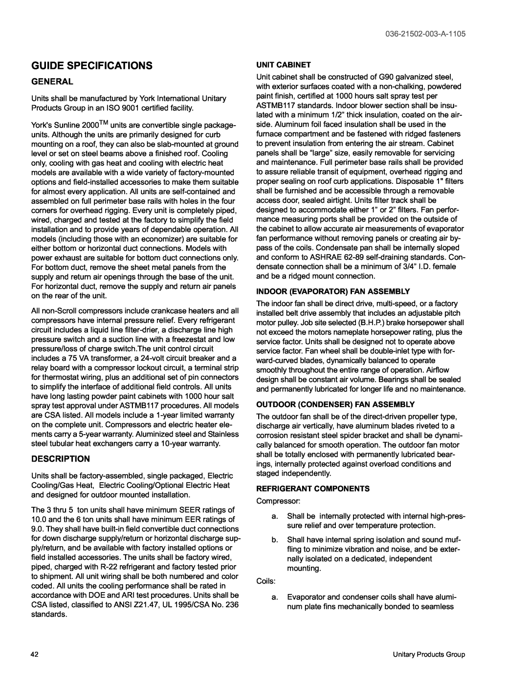 York DM 072 warranty Guide Specifications, General, Description, 036-21502-003-A-1105 