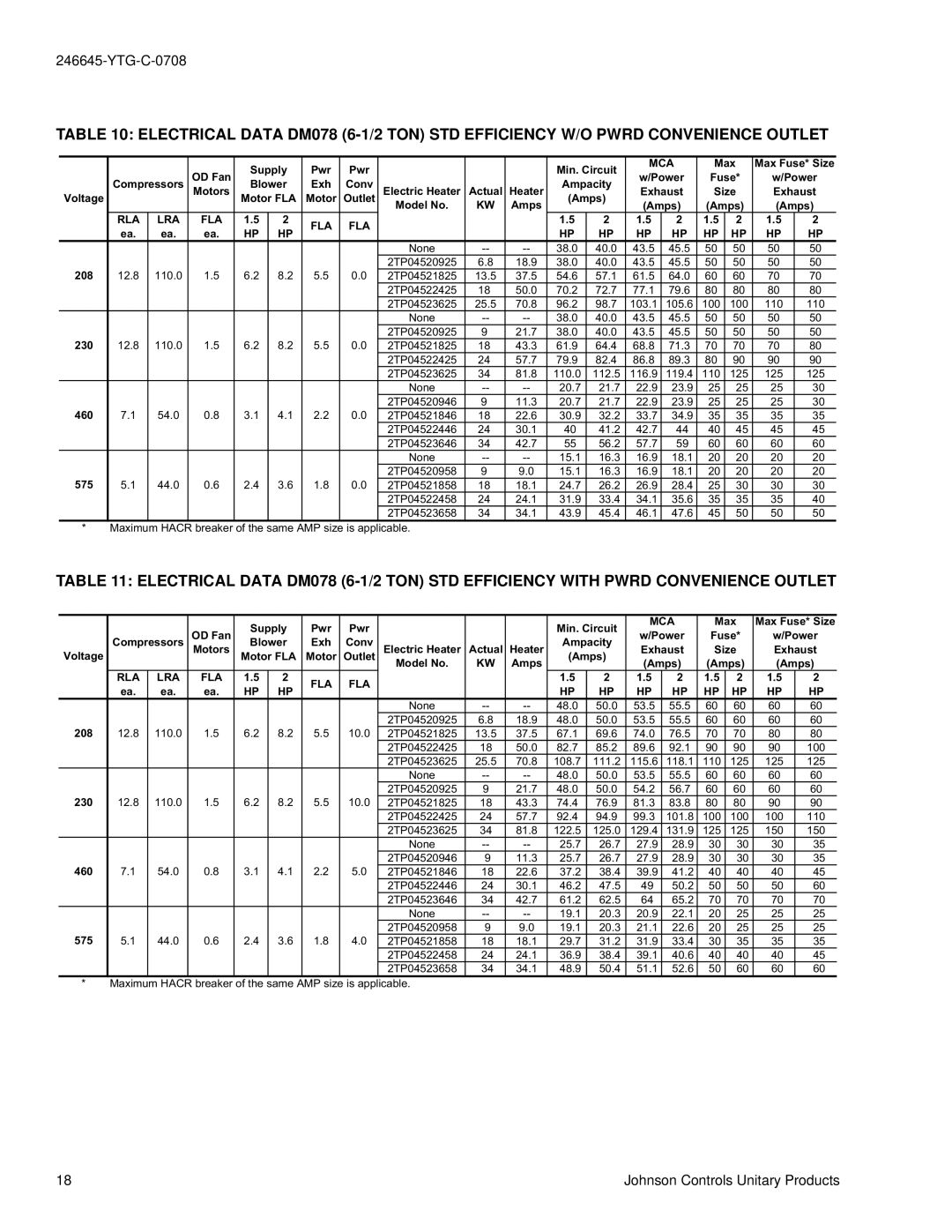 York DM 078 manual Mca 