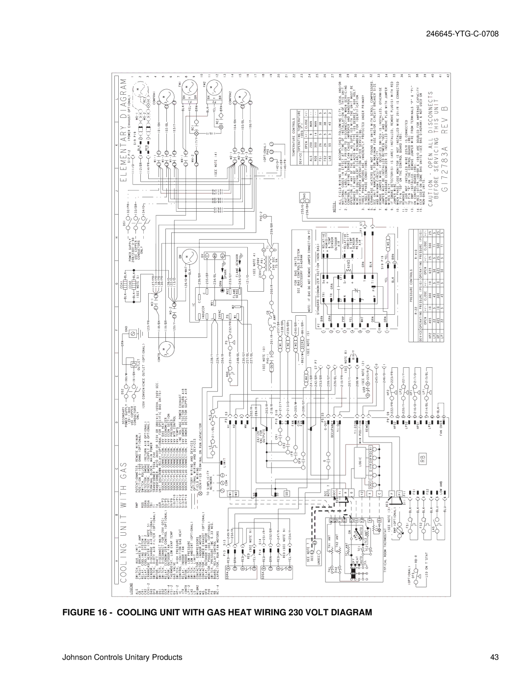 York DM 078 manual Cooling Unit with GAS Heat Wiring 230 Volt Diagram 