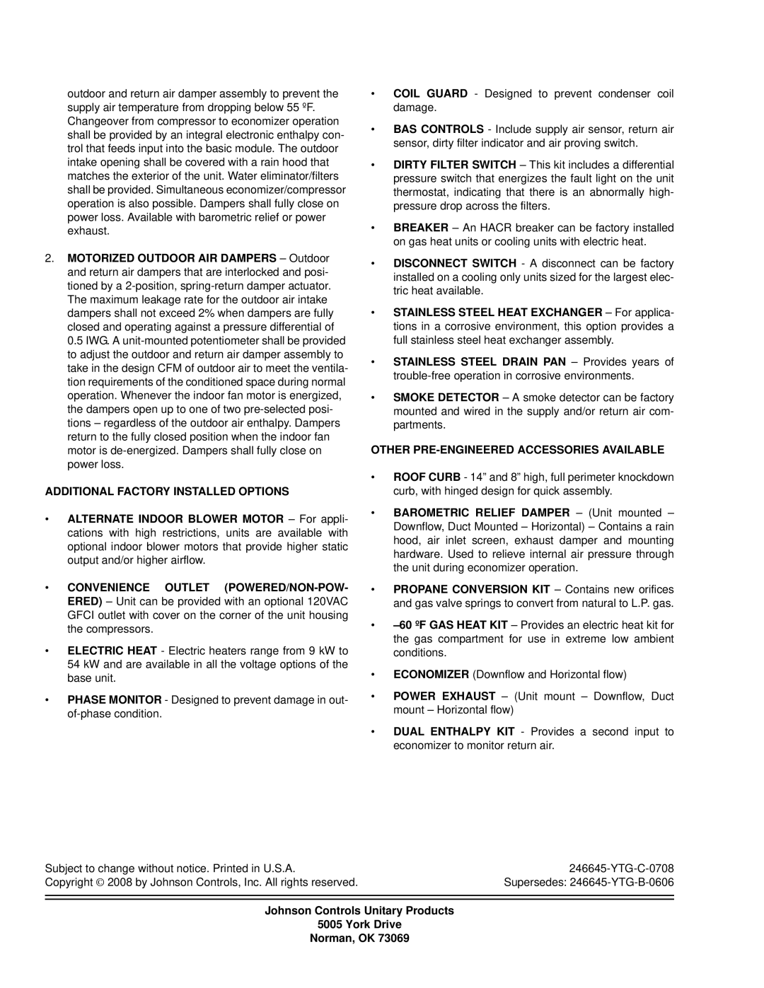 York DM 078 manual Additional Factory Installed Options, Johnson Controls Unitary Products York Drive Norman, OK 