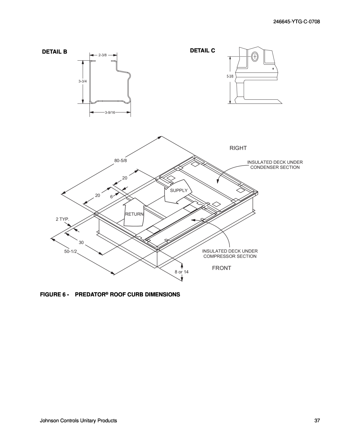 York DM 078 manual Detail B, Detail C, Right, Front, Predator Roof Curb Dimensions 