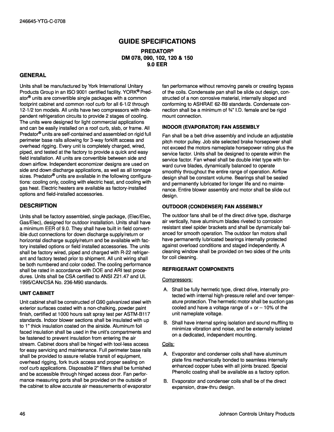York manual Guide Specifications, PREDATOR DM 078, 090, 102, 120 & 9.0 EER GENERAL, Description 