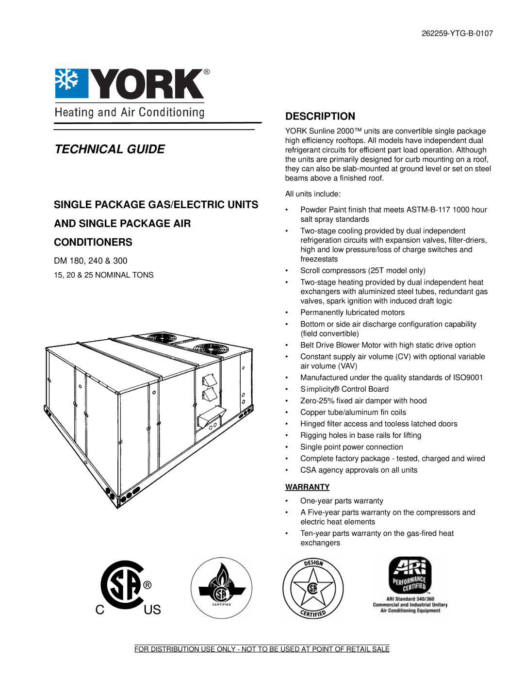 York DM 240, DM 300, DM 180 warranty Technical Guide, Description 