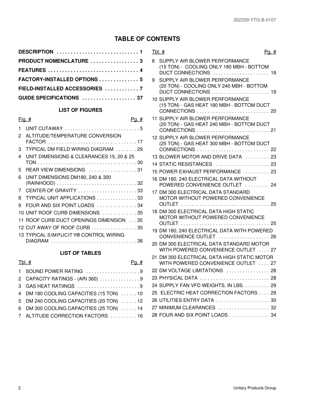 York DM 180, DM 300, DM 240 warranty Table of Contents 