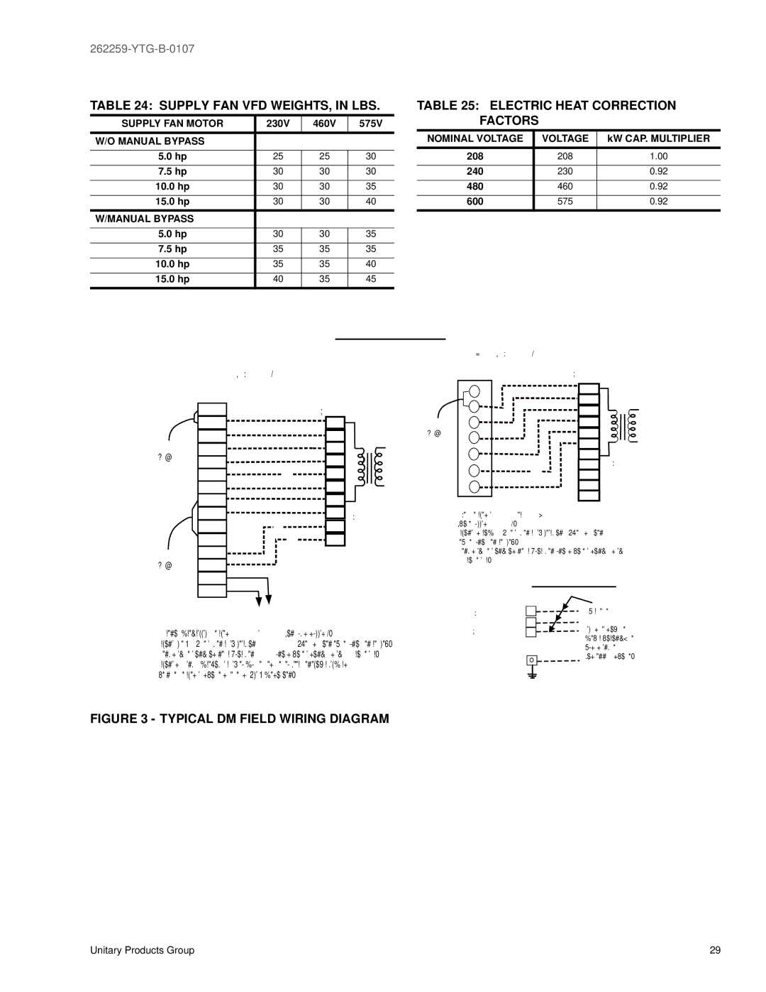 York DM 180, DM 300, DM 240 warranty Supply FAN VFD WEIGHTS, in LBS, Electric Heat Correction Factors 