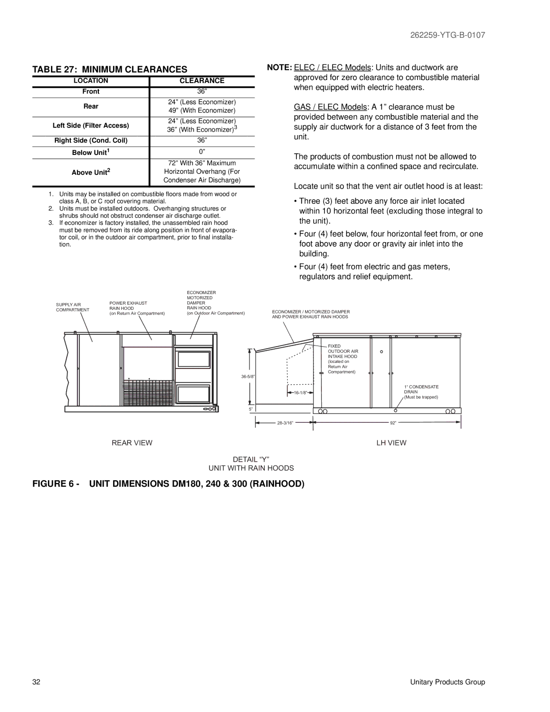 York DM 180, DM 300, DM 240 warranty Minimum Clearances, Unit Dimensions DM180, 240 & 300 Rainhood 