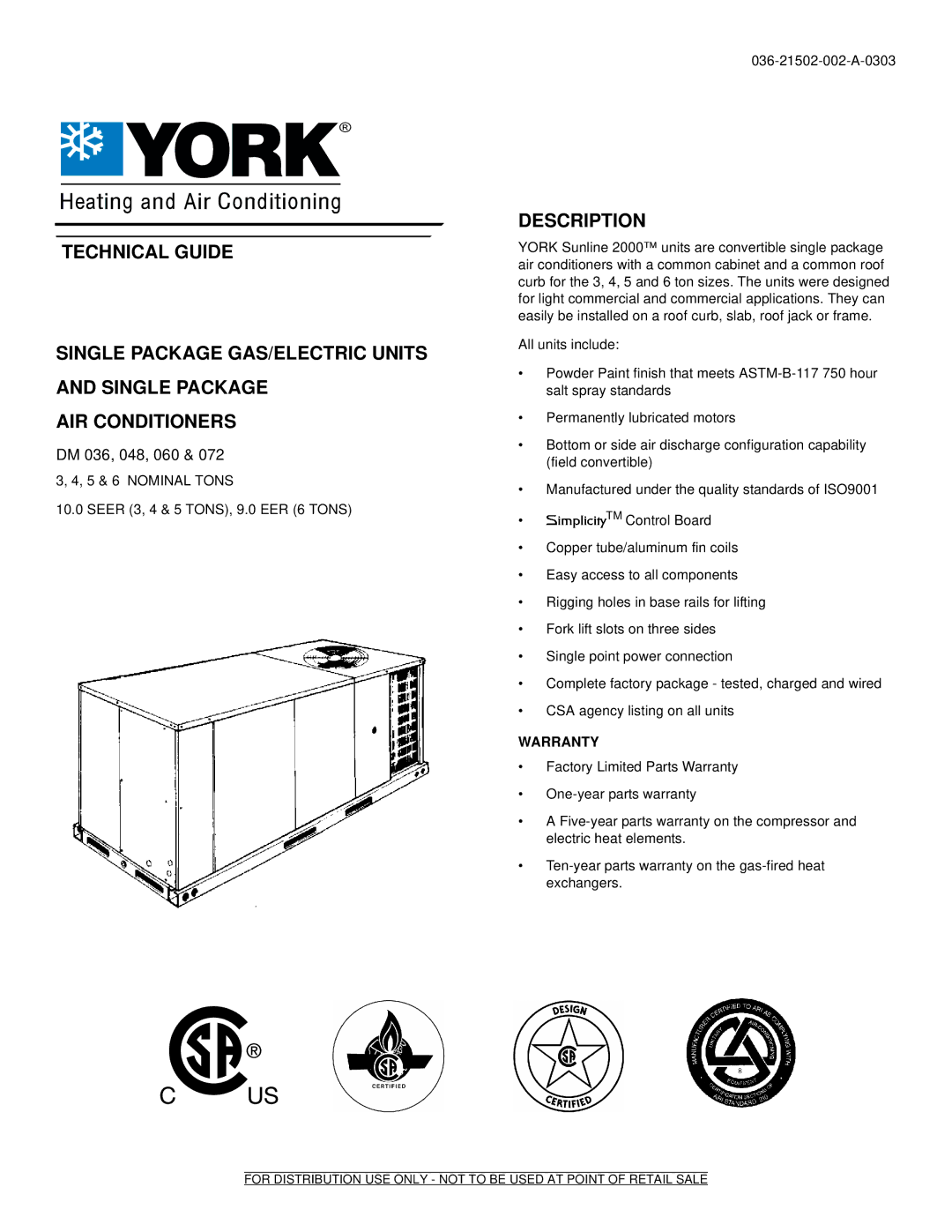 York DM 060, DM072, DM 048, DM 036 warranty Simplicity, Description 