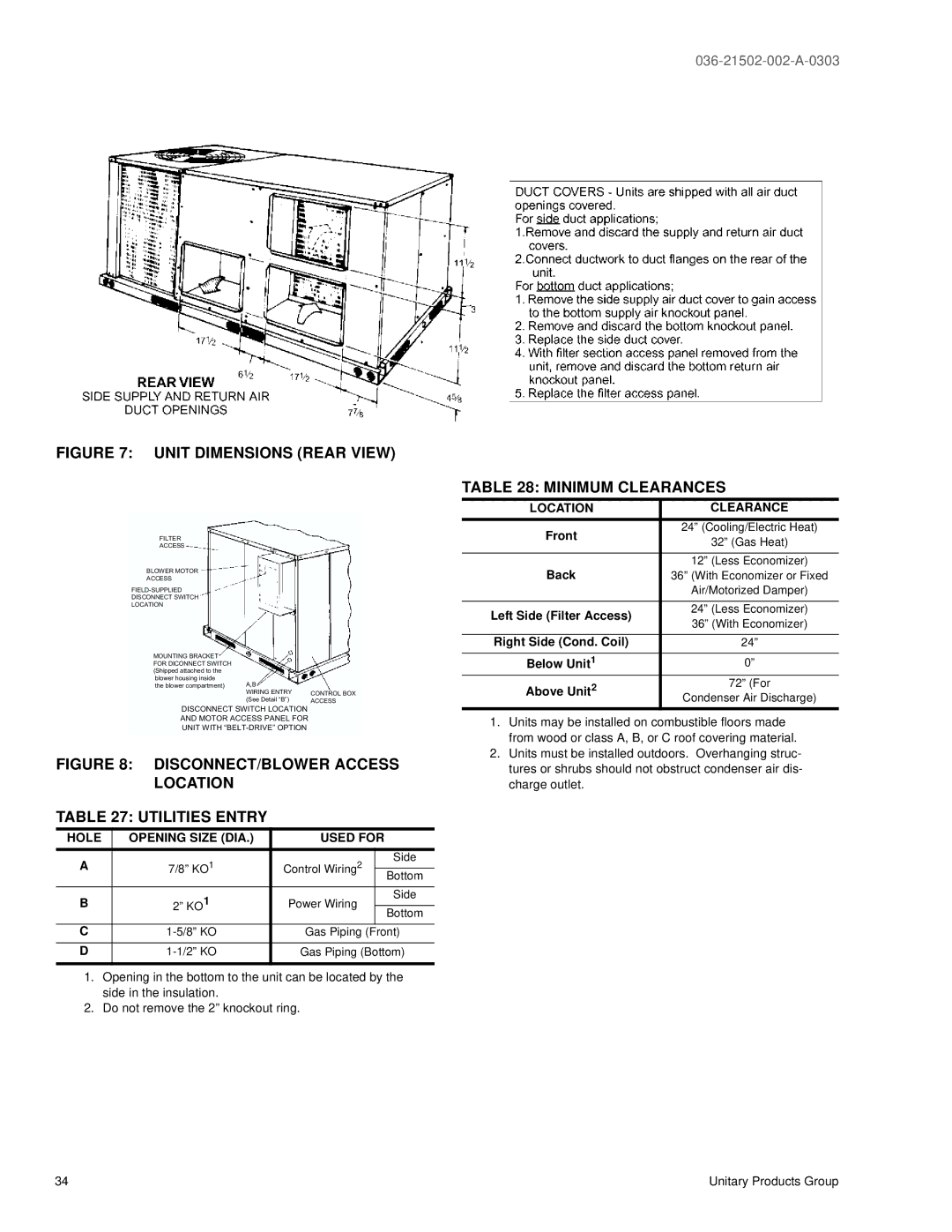 York DM 048, DM072, DM 060, DM 036 warranty Unit Dimensions Rear View, Minimum Clearances 