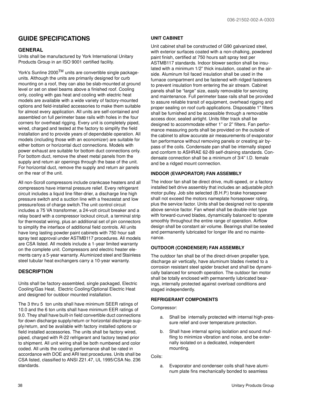 York DM 048, DM072, DM 060, DM 036 warranty Guide Specifications, General, Description 