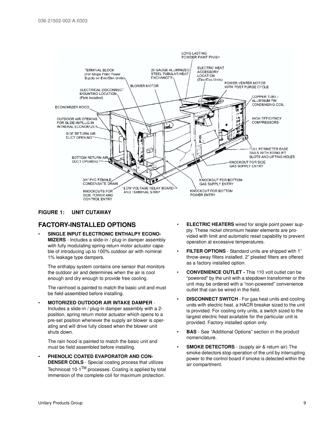 York DM 060, DM072, DM 048, DM 036 warranty FACTORY-INSTALLED Options, Unit Cutaway 