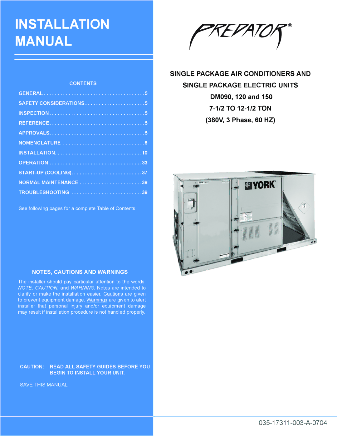 York DM090 installation manual Installation Manual 